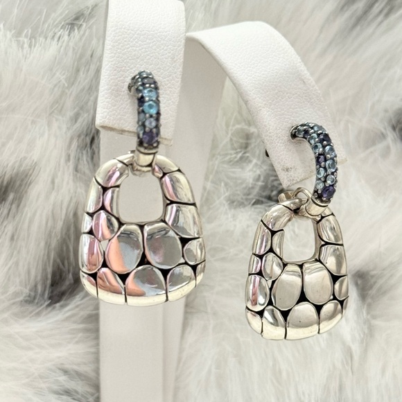 John Hardy .925 Kali Lava Fire Iolite Blue Topaz Door Knocker Dangle Earrings - Picture 2 of 6